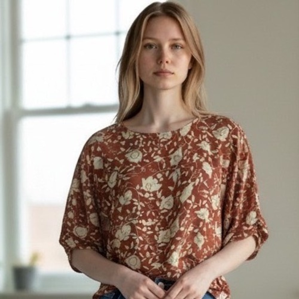Anna Sui for Anthropologie Silk Floral Kimono Sleeve Blouse Rust Orange Size 8